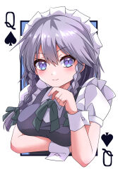 1girl arm_under_breasts blue_eyes blush bow bowtie braid closed_mouth commentary_request green_bow green_bowtie grey_hair happy_ginko highres izayoi_sakuya long_hair looking_at_viewer maid maid_headdress puffy_short_sleeves puffy_sleeves queen_(playing_card) queen_of_spades short_sleeves smile solo spade_(shape) touhou twin_braids upper_body wrist_cuffs