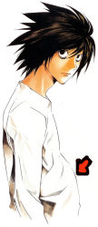  1boy arrow_(projectile) artist_request bags_under_eyes black_eyes black_hair death_note l_(death_note) male_focus messy_hair shirt shueisha simple_background solo spiked_hair third-party_edit white_background white_shirt  rating:Sensitive score:1 user:aubrieapplejacks