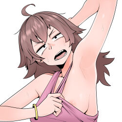 1girl absurdres ahoge armpits asha bangle black_eyes bracelet breasts brown_hair commentary_request highres jewelry looking_at_viewer medium_bangs medium_breasts medium_hair nipple_slip nipples open_mouth original pink_tank_top presenting_armpit simple_background solo sweat tank_top upper_body white_background