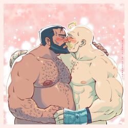  2boys abs absurdres alex_louis_armstrong bald bara beard belly bishie_sparkle black_hair blonde_hair blush closed_eyes couple cropped_torso dark-skinned_male dark_skin facial_hair from_side full_beard fullmetal_alchemist gregory_alecsander hairy hand_on_another&#039;s_shoulder highres holding_hands interracial large_pectorals male_focus mature_male multiple_boys muscular muscular_male navel_hair nipples pectorals pink_background plump receding_hairline short_hair sig_curtis sparse_chest_hair standing strongman_waist thick_arm_hair thick_beard thick_chest_hair thick_eyebrows topless_male yaoi 