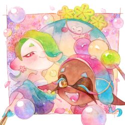  1boy 2girls ;d asymmetrical_hair bare_shoulders big_man_(splatoon) black_pants blue_hair blush blush_stickers border bubble cephalopod_eyes chest_sarashi closed_mouth colored_eyelashes commentary_request crop_top dango dango_earrings dark-skinned_female dark_skin dmwggg earrings falling_petals fangs flower flower_earrings folded_fan folding_fan food food_on_head frye_(splatoon) gradient_hair green_hair hair_flower hair_ornament hair_over_one_eye hair_tie hand_fan highres holding holding_fan inkling jewelry long_hair manta_ray multicolored_hair multicolored_shawl multiple_girls nintendo object_on_head octoling official_alternate_costume one_eye_closed one_eye_covered open_mouth orange_eyes outside_border painting_(medium) pants petals pink_flower pink_hair pink_petals pink_pupils pink_shirt pointy_ears red_eyes sarashi see-through_shawl shawl shirt shiver_(splatoon) short_eyebrows smile splatoon_(series) splatoon_3 star-shaped_pupils star_(symbol) symbol-shaped_pupils tentacle_hair traditional_media two-tone_hair wagashi watercolor_(medium) white_border x_hair_ornament 