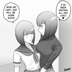  age_difference bob_cut breast_press cheating_(relationship) eros highres incest mother_and_daughter original school_uniform short_hair short_sleeves size_difference skirt speech_bubble sweater turtleneck yuri  rating:Questionable score:165 user:noname767676