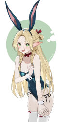  1girl :d alternate_costume animal_ears blonde_hair blush bow_legwear braid commentary_request cuffs dungeon_meshi elf green_eyes highres leotard long_hair looking_at_viewer marcille_donato nervous open_mouth playboy_bunny pointy_ears rabbit_ears rabbit_tail siino simple_background smile solo tail thighhighs 