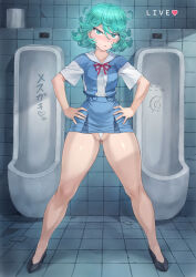  1girl absurdres blush breasts cleft_of_venus female_focus full_body gluteal_fold green_eyes green_hair hands_on_own_hips highres looking_at_viewer matching_hair/eyes mogudan one-punch_man pussy pussy_peek short_hair small_breasts solo tatsumaki thick_thighs thighs urinal wide_hips 