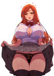  1girl black_panties black_thighhighs bleach bleach:_sennen_kessen-hen blush bow bowtie breasts brown_eyes cam_the_art_guy cleavage clothes_lift gluteal_fold grey_skirt heart high-waist_skirt highres huge_breasts inoue_orihime lace lace_panties lifting_own_clothes lingerie long_hair no_bra orange_hair panties partially_unbuttoned pink_lips red_bow red_bowtie shirt skirt skirt_lift solo thigh_gap thighhighs underwear wet wet_clothes wet_shirt 