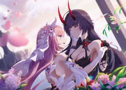  2024 2girls ahoge back bare_shoulders bell black_dress black_gloves blunt_bangs breasts bridal_veil cleavage commentary_request crying crying_with_eyes_open dated detached_sleeves diamond-shaped_pupils diamond_(shape) dress elysia_(herrscher_of_human:ego)_(honkai_impact) elysia_(honkai_impact) flower gloves hair_ornament hand_grab hand_on_another&#039;s_back hand_on_another&#039;s_cheek hand_on_another&#039;s_face highres honkai_(series) honkai_impact_3rd horns large_breasts long_hair long_horns looking_at_another multiple_girls open_mouth pink_flower pink_pupils pink_rose pointy_ears purple_eyes purple_hair raiden_mei raiden_mei_(herrscher_of_thunder) red_horns red_pupils rose shizuka_xsi sidelocks signature smile symbol-shaped_pupils tears veil very_long_hair white_dress white_gloves white_sleeves 