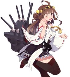 1girl ;d ahoge bare_shoulders blush boots brown_hair commentary detached_sleeves double_bun hair_bun hairband headgear high_heel_boots high_heels japanese_clothes kantai_collection kongou_(kancolle) long_hair looking_at_viewer lunch_(shin_new) nontraditional_miko one_eye_closed open_mouth ribbon-trimmed_sleeves ribbon_trim simple_background skirt smile solo thigh_boots thighhighs white_background rating:Sensitive score:7 user:danbooru