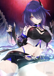  1girl absurdres acheron_(honkai:_star_rail) armor artist_name bandaged_leg bandages belt black_belt black_choker black_gloves black_shorts breasts chain chain_around_arm chark14 choker cleavage coat coattails commentary commentary_request criss-cross_halter detached_sleeves english_commentary eyes_visible_through_hair gloves hair_between_eyes hair_ornament hair_over_one_eye halterneck highres honkai:_star_rail honkai_(series) knees_out_of_frame large_breasts leg_tattoo looking_at_viewer midriff multicolored_hair navel paid_reward_available partial_commentary partially_submerged purple_eyes purple_hair shorts shoulder_armor single_bare_shoulder single_detached_sleeve sitting smile solo stomach streaked_hair tattoo thighs water wet white_coat 