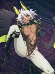10s 1girl breasts cameltoe covered_erect_nipples dark-skinned_female dark_skin female_focus gradient_background high_heels large_breasts official_art ookuma_nekosuke shinmai_maou_no_testament solo spread_legs white_hair yellow_eyes zest rating:Questionable score:76 user:arutos