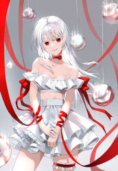  1girl absurdres breasts chiya_(inae129) choker cleavage closed_mouth collarbone commentary_request cowboy_shot crop_top flower_choker head_tilt high-waist_skirt highres layered_skirt light_particles long_hair looking_at_viewer midriff off-shoulder_shirt off_shoulder original red_choker red_eyes red_ribbon ribbon shirt skirt small_breasts smile solo thigh_strap white_hair white_skirt wind 