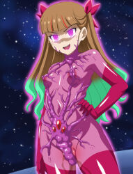  1girl ass biosuit breasts brown_hair censored covered_erect_nipples green_hair highres living_clothes makino_tomoyasu multicolored_hair nipples ohdo_yuamu open_mouth purple_eyes pussy small_breasts smile tentacles yu-gi-oh! yu-gi-oh!_go_rush!! 