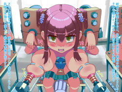 bdsm blush bondage bound breast_torture breasts highres lactation lol_(artist) mechanical_fixation multiple_girls nipple_penetration open_mouth orange_eyes pillory pink_hair restrained stationary_restraints stocks toy translated wooden_horse rating:Explicit score:81 user:digimon666
