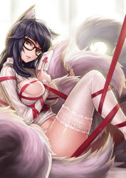 1girl absurdres ahri_(league_of_legends) alternate_costume animal_ears asymmetrical_bangs bdsm bespectacled between_breasts black_hair bondage bound breast_bondage breasts brown_eyes cleavage_cutout clothing_cutout envelope facial_mark female_focus fishnets fox_ears fox_tail glasses goomrrat highres lace lace-trimmed_legwear lace_trim large_breasts league_of_legends light_smile lips long_hair lying meme_attire navel no_pants open-chest_sweater panties red_ribbon ribbed_sweater ribbon ribbon_bondage sitting solo sweater swept_bangs tail thighhighs turtleneck underwear whisker_markings white_panties white_thighhighs rating:Sensitive score:131 user:Onineko1602