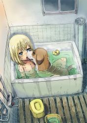 1girl animal bath bathing bathroom bathtub bestiality between_legs blonde_hair blue_eyes blush blush_stickers dog eye_contact flat_chest french_kiss ike_(altitude_attitude) indoors kiss kissing_animal licking loli looking_at_another nipples nude open_mouth original partially_submerged rubber_duck short_hair solo submerged tiles water wet window rating:Explicit score:292 user:danbooru