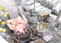 1girl :d black_hair blush bucket finger_to_mouth flat_chest food fruit hair_ornament iuro lemon loli looking_at_viewer lying navel nude on_back open_mouth original partially_submerged purple_eyes ripples scenery skyclad smile snow solo twintails upside-down water winter rating:Questionable score:141 user:danbooru