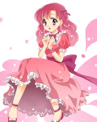  1girl bow dress frilled_dress frills full_body hair_bow invisible_chair long_hair looking_at_viewer neck_ribbon open_mouth pink_dress pink_eyes pink_footwear pink_hair puffy_short_sleeves puffy_sleeves purple_ribbon ran_(urusei_yatsura) ribbon sash short_sleeves sinko sitting solo urusei_yatsura 