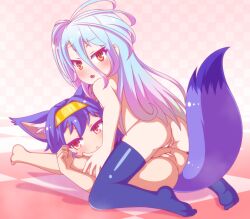  2girls :&lt; :3 animal_ears anus ass blue_eyes blue_thighhighs blush cleft_of_venus clenched_hand closed_mouth completely_nude embarrassed expressionless female_focus fox_ears fox_girl fox_tail from_behind from_side full_body gi0 gradient_hair hair_between_eyes hatsuse_izuna highres kneeling leaning_forward legs_up loli long_hair looking_at_viewer looking_back lying medium_hair multicolored_hair multiple_girls naughty_face no_game_no_life nude on_back open_mouth purple_hair pussy shiro_(no_game_no_life) spread_legs tail thighhighs yellow_eyes  rating:Explicit score:284 user:Only_Kemonomimi