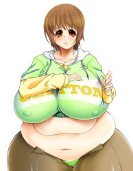  1girl absurdres akira_agata breasts brown_eyes brown_hair covered_erect_nipples fat highres huge_breasts looking_at_viewer midriff navel obese panties parted_lips short_hair simple_background skindentation solo striped_clothes striped_panties thick_thighs thighs unbuttoned underwear white_background  rating:Questionable score:17 user:nothing