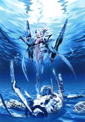  1girl absurdres aircraft airplane blue_eyes blue_theme bodysuit boots bouquet breasts caustics choco_(chocolate_shop) covered_navel floating_hair flower full_body headgear high_heel_boots high_heels highres leg_up long_hair mecha_musume original scan sidelocks small_breasts solo submerged underwater white_hair wreckage  rating:Sensitive score:10 user:danbooru