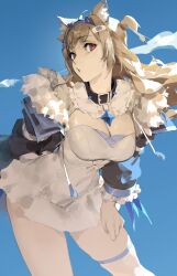  1girl animal_ear_fluff animal_ears bandaid bandaid_hair_ornament belt_collar black_collar black_jacket blonde_hair blue_background breasts cleavage collar colored_inner_animal_ears dog_ears dog_girl dress fake_claws floating_hair fur-trimmed_jacket fur_trim fuwawa_abyssgard fuwawa_abyssgard_(1st_costume) hair_ornament hairpin hand_on_own_thigh highres hololive hololive_english horn_hairband jacket kuno_(runkunochan) large_breasts long_hair looking_at_viewer pink_eyes solo spiked_collar spikes thigh_strap white_dress 