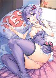  1girl absurdres ajishio ass blush breasts cameltoe cleft_of_venus hair_ornament hand_to_own_mouth heart highres looking_at_viewer lying medium_breasts nightgown nipples on_bed on_side open_mouth panties pink_panties purple_eyes purple_hair purple_thighhighs short_hair_with_long_locks sidelocks solo sweat thighhighs thighs underwear voiceroid yes-no_pillow yuzuki_yukari 