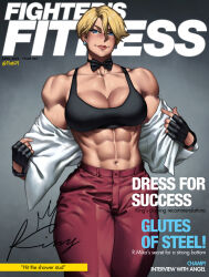  1girl 2024 abs blonde_hair blue_eyes bow bowtie breasts cleavage cover earrings english_text fingerless_gloves gloves highres jewelry king_(snk) looking_at_viewer magazine_cover mootium muscular muscular_female pants shirt short_hair signature smile snk solo sweat tank_top the_king_of_fighters the_king_of_fighters_xv undressing veins veiny_arms white_shirt 