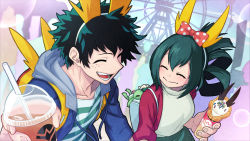 1boy 1girl amusement_park asui_tsuyu backpack bag blue_jacket blush boku_no_hero_academia bow breasts closed_eyes collarbone commentary_request cup drink drinking_straw egg_waffle food freckles frog_girl green_hair hair_bow hair_ornament hair_rings happy hatsuta highres holding holding_cup holding_food hood hooded_jacket jacket long_hair looking_at_another midoriya_izuku outdoors red_jacket shirt short_hair smile striped_clothes striped_shirt two-tone_shirt white_bag white_shirt yellow_bag rating:Sensitive score:19 user:danbooru