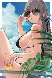  1girl absurdres adjusting_eyewear artist_request bikini black_bow bow braid breasts chair cloud fate/grand_order fate_(series) florence_nightingale_(fate) grey_hair hair_bow highres large_breasts looking_at_viewer lounge_chair navel outdoors parted_lips red_eyes sky solo sunglasses swimsuit  rating:Sensitive score:30 user:danbooru