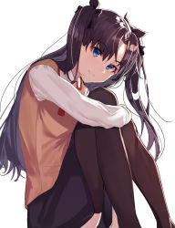  1girl black_skirt blue_eyes brown_vest chip_le_cree closed_mouth fate/stay_night fate_(series) highres long_hair long_sleeves looking_at_viewer neck_ribbon red_ribbon ribbon shirt simple_background sitting skirt smile solo stock thighhighs tohsaka_rin twintails vest white_shirt wing_collar 