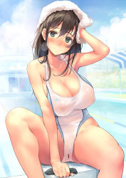  1girl amamiya_natsumi arm_up armpits bar_censor blue_eyes blush breasts brown_hair censored cleavage closed_mouth competition_swimsuit covered_erect_nipples day hair_between_eyes half-closed_eyes highleg highleg_swimsuit highres huge_breasts kekemotsu large_breasts light_smile long_hair looking_at_viewer nipples one-piece_swimsuit original outdoors pool poolside revision see-through sitting smile solo starting_block swim_cap unworn_swim_cap swimsuit thighs towel towel_on_head wet white_one-piece_swimsuit  rating:Questionable score:72 user:danbooru