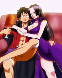  1boy 1girl abs artist_name bad_id bad_twitter_id black_eyes black_hair blue_eyes blush boa_hancock boned_meat closed_mouth dress earrings facial_scar food hat highres holding holding_food jewelry long_hair looking_at_another meat monkey_d._luffy musaed_art one_piece open_clothes purple_dress red_shirt scar scar_on_cheek scar_on_face shirt short_hair sitting sleeveless sleeveless_dress smile straw_hat unworn_hat unworn_headwear 
