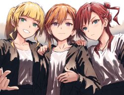 3girls :3 :d \m/ bad_id bad_twitter_id black_jacket blonde_hair blue_eyes bullfalk closed_mouth collarbone gradient_background green_eyes grey_background grin hand_on_another&#039;s_shoulder heanna_sumire jacket light_frown long_sleeves looking_at_viewer love_live! love_live!_superstar!! low_ponytail multiple_girls open_clothes open_jacket open_mouth orange_hair ponytail purple_eyes red_hair shadow shibuya_kanon shirt short_hair short_hair_with_long_locks side_ponytail sidelocks smile upper_body v-shaped_eyebrows white_background white_shirt yoneme_mei 
