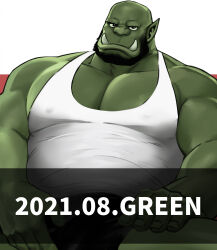 1boy absurdres bald bara beard bored boxer_briefs bulge colored_skin covered_erect_nipples crotch_grab dated dopey_(dopq) facial_hair full_beard green_skin highres large_pectorals looking_at_viewer male_focus male_underwear mature_male monster_boy muscular muscular_male orc original paid_reward_available pectorals pointy_ears short_hair solo spread_legs tank_top thick_beard thick_eyebrows tusks two-tone_background underwear white_tank_top