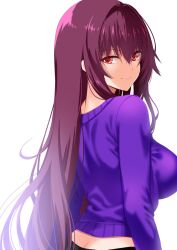 1girl ass_peek breasts contemporary cropped_breasts cropped_torso engo_(aquawatery) fate/grand_order fate_(series) from_behind highres large_breasts long_hair looking_back purple_hair purple_shirt red_eyes scathach_(fate) shirt simple_background smile white_background 