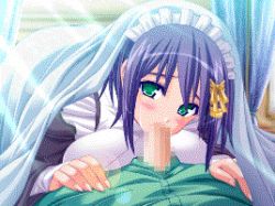  1girl animated animated_gif artist_request bed blanket blue_hair breasts censored character_request cum cum_in_mouth fellatio green_eyes large_breasts lowres maid maid_headdress oral source_request under_covers  rating:Explicit score:65 user:Himero