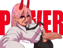  1girl absurdres breasts chainsaw_man clothes english_text erection futanari futanari highres horns huge_penis large_breasts long_hair looking_at_viewer open_mouth penis pink_hair power_(chainsaw_man) red_eyes solo streachybear veins veiny_penis  rating:Explicit score:124 user:SlayDash