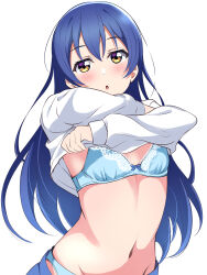  1girl :o absurdres blue_bra blue_hair blue_panties blue_skirt borgbutler bow bow_bra bra breasts clothes_lift clothes_pull commentary_request cowboy_shot groin highres lace lace-trimmed_bra lace_trim lifting_own_clothes long_hair long_sleeves looking_at_viewer love_live! love_live!_school_idol_project navel open_mouth panties partial_commentary school_uniform shirt shirt_lift skirt skirt_pull small_breasts solo sonoda_umi standing underwear undressing white_shirt yellow_eyes 