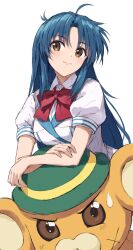  1girl ahoge blue_hair blush bonta-kun bow brown_eyes chidori_kaname closed_mouth collared_shirt commentary crossed_arms full_metal_panic! full_metal_panic?_fumoffu green_hat hat head_tilt highres long_hair looking_at_viewer parted_bangs puffy_short_sleeves puffy_sleeves red_bow school_uniform shirt short_sleeves simple_background sketch smile solo sweatdrop upper_body very_long_hair white_background white_shirt yanagi_marie 