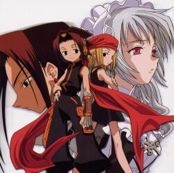  2boys 2girls asakura_hao asakura_yoh bandana black_dress breasts brothers cape crossed_arms dress expressionless highres iron_maiden_jeanne kyouyama_anna long_hair looking_at_viewer looking_back maid_headdress multiple_boys multiple_girls non-web_source official_art red_bandana scan shaded_face shaman_king short_hair siblings simple_background sleeveless sleeveless_dress smile very_long_hair weapon white_background xebec 