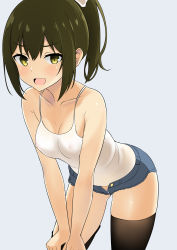  1girl bare_arms black_thighhighs blush breasts brown_hair cleavage collarbone commentary_request covered_erect_nipples denim denim_shorts grey_background highres kuku123 leaning looking_at_viewer open_mouth original ponytail removing_legwear short_hair short_shorts shorts sidelocks simple_background small_breasts solo tank_top thighhighs unbuttoned white_tank_top yellow_eyes 