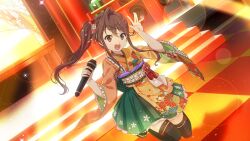  1girl 22/7 22/7_ongaku_no_jikan \||/ black_thighhighs brown_eyes brown_hair concert dutch_angle game_cg hair_ornament hair_scrunchie hands_up high_side_ponytail highres holding holding_microphone idol idol_clothes jumping kimono_dress lens_flare light_particles long_hair looking_at_viewer microphone non-web_source official_art open_mouth screen_zoom scrunchie smile solo speaker stairs thighhighs toda_jun 