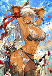 1girl ;d abs armor armored_boots armpits arms_behind_head arms_up axe battle_axe bikini_armor blue_eyes boots breasts dark_skin dark-skinned_female gauntlets highres large_breasts looking_at_viewer o-ring o-ring_bottom one_eye_closed open_mouth original overhead_swing ran&#039;ou_(tamago_no_kimi) sharp_teeth sideboob smile solo sword teeth thigh_boots thighhighs toned weapon white_hair rating:Sensitive score:64 user:danbooru