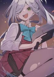  1girl asashimo_(kancolle) asashimo_kai_ni_(kancolle) blue_bow blue_bowtie bow bowtie clenched_hand commentary_request green_eyes grey_hair grey_thighhighs hair_over_one_eye highres holding kantai_collection long_hair open_mouth picoli1313 ponytail school_uniform sharp_teeth solo teeth thighhighs torn_clothes torn_thighhighs very_long_hair 