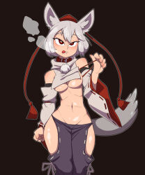  animal_ears areola_slip artist_request black_pants borrowed_design breast_curtain breasts collar commentary_request cowboy_shot detached_sleeves fingernails grey_hair grey_tail groin hat heavy_breathing highres hip_vent inubashiri_momiji long_sleeves medium_breasts navel pants pom_pom_(clothes) red_collar red_eyes red_hat ribbon-trimmed_sleeves ribbon_trim seductive_smile short_hair smile stomach tail tassel tokin_hat tongue tongue_out touhou white_sleeves wolf_ears wolf_tail 