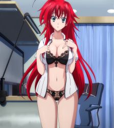  10s 1girl ahoge bedroom bra breasts cleavage demon_girl high_school_dxd highres large_breasts lingerie long_hair looking_at_viewer open_mouth panties red_hair rias_gremory school_uniform screencap solo standing stitched third-party_edit underwear undressing  rating:Questionable score:115 user:shadowthecorn