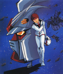  1980s_(style) 1boy after_battle amuro_ray animage artist_request asteroid boots cable debris gloves gun gundam helmet holding_own_arm injury key_visual machine_gun magazine_scan mecha mobile_armor mobile_suit mobile_suit_gundam muzzle official_art oldschool pilot_suit promotional_art red_hair retro_artstyle robot rx-78-2 scan science_fiction severed_arm severed_limb short_hair space spacesuit spoilers star_(symbol) starry_background traditional_media unworn_headwear unworn_helmet v-fin walking_towards_viewer weapon wreckage zeong zero_gravity 
