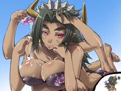  1girl adjusting_hair bad_id bad_pixiv_id barefoot bikini blue_background breasts chibi chibi_inset cleavage covered_erect_nipples dark-skinned_female dark_skin extra_arms extra_eyes eyebrows feet floral_print futaba_channel gradient_background green_hair horns ifuji_shinsen large_breasts long_hair looking_at_viewer lotion lying maid_headdress markings monster_girl multi_arm multi_limb nijiura_maids on_stomach pink_eyes shinrabanshou shiyuu_(nijiura_maids) simple_background smile soles solo suggestive_fluid swimsuit the_pose  rating:Questionable score:41 user:danbooru