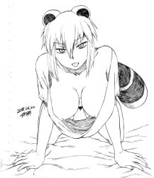 1girl all_fours animal_ears araiguma-san areola_slip blank_stare blanket breasts cleavage collarbone commentary_request dated downblouse extended_downblouse female_pubic_hair greyscale hanging_breasts hatching_(texture) jitome large_breasts linear_hatching looking_at_viewer loose_clothes loose_shirt monochrome no_bra original pubic_hair raccoon_ears raccoon_tail shirt short_hair short_sleeves sidelocks sketch solo tail tongue tongue_out tsukudani_(coke-buta) rating:Questionable score:35 user:danbooru