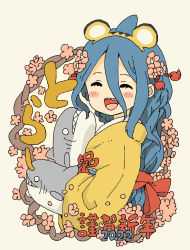  1girl 2022 :d ^_^ animal_ears blue_hair blush_stickers brown_background chinese_zodiac closed_eyes commentary_request cropped_torso closed_eyes facing_viewer fake_animal_ears flower hair_between_eyes hand_puppet highres japanese_clothes kimono long_hair open_mouth original pink_flower puppet fukada_ichika sharp_teeth simple_background smile solo teeth tiger_ears translation_request upper_body very_long_hair year_of_the_tiger yellow_kimono yukimoto_shuuji_(gurigura) 