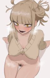  1girl abarabone blonde_hair blunt_bangs blush boku_no_hero_academia bottomless breasts cardigan cleavage collarbone double_bun fangs from_above hair_bun heavy_breathing highres large_breasts long_sleeves open_mouth pubic_hair pussy sitting smile solo sweat thigh_gap thighs toga_himiko uncensored white_background yellow_eyes 